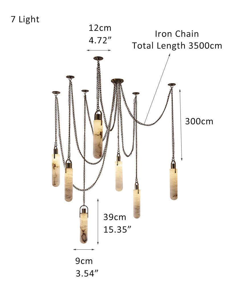7-lights Brass Ceiling Pendant Lights | Alabaster Flint Drop Chain Lights