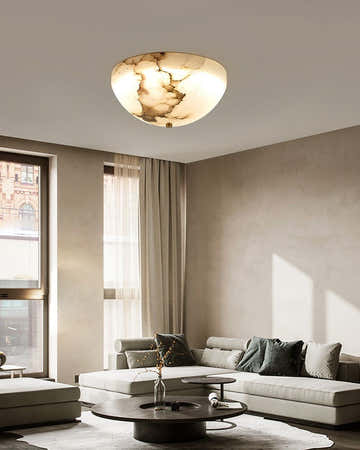 LED Round Bowl Alabaster Stone Semi-Flush Ceiling Light Polished Brass