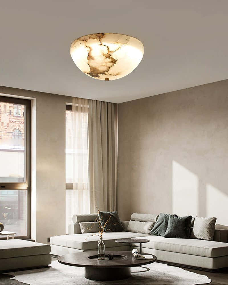 LED Round Bowl Alabaster Stone Semi-Flush Ceiling Light Polished Brass