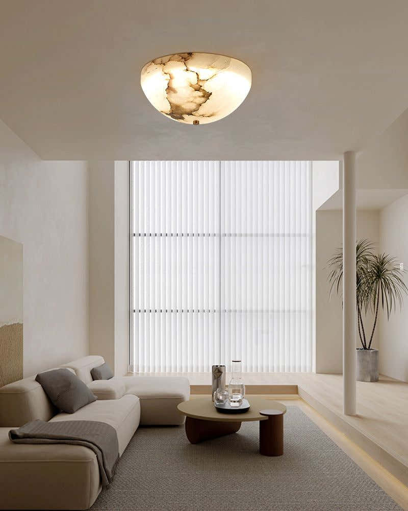 LED Round Bowl Alabaster Stone Semi-Flush Ceiling Light Polished Brass