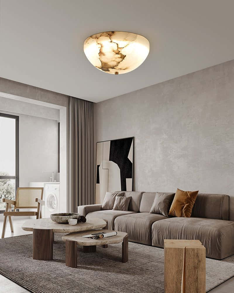 LED Round Bowl Alabaster Stone Semi-Flush Ceiling Light Polished Brass