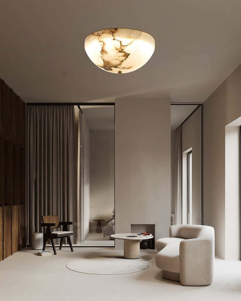 LED Round Bowl Alabaster Stone Semi-Flush Ceiling Light Polished Brass