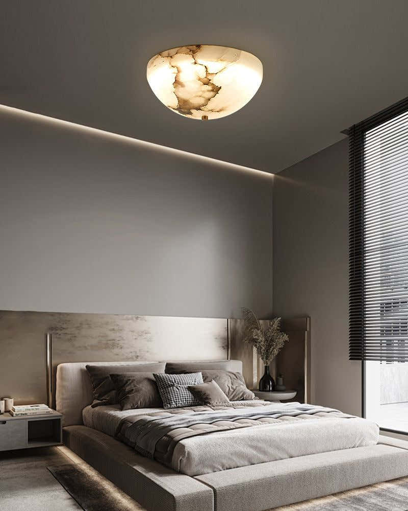 LED Round Bowl Alabaster Stone Semi-Flush Ceiling Light Polished Brass
