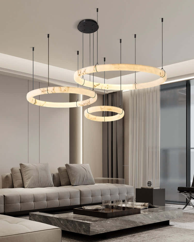 Dia 31.5" Black Metal Modern Single Ring Alabaster Pendant Light,60W