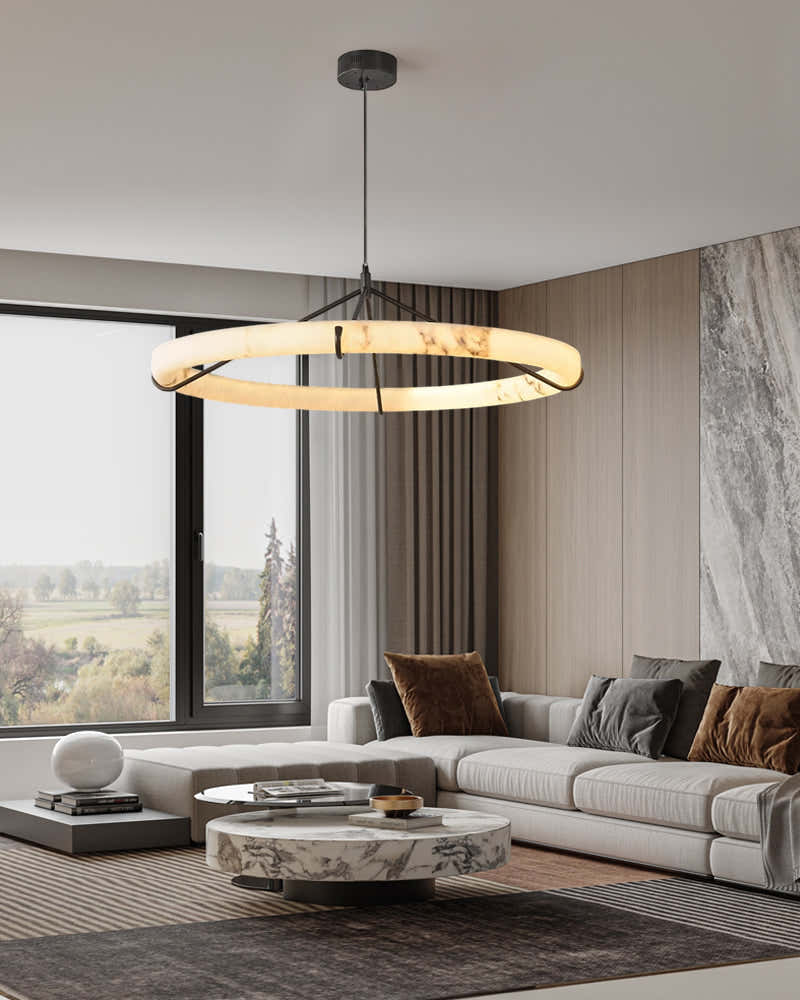 Dia 31.5" Black Metal Modern Single Ring Alabaster Pendant Light,60W