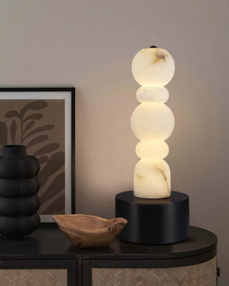 Black Marble Base & White Alabaster 5-Tier Table Lamp 8“ Height