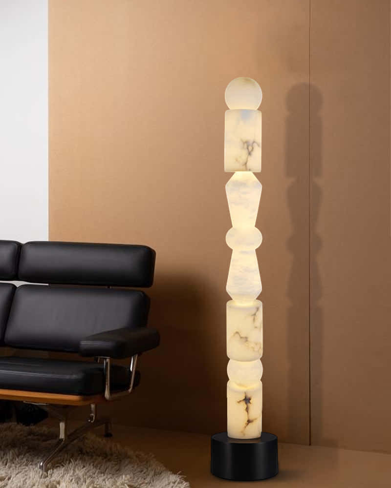 Black Marble Base & White Alabaster 5-Tier Table Lamp 8“ Height