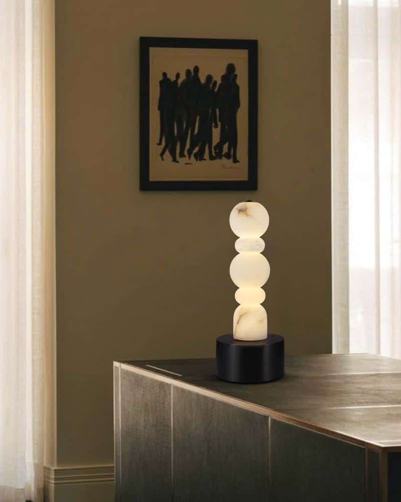 Black Marble Base & White Alabaster 5-Tier Table Lamp 8“ Height