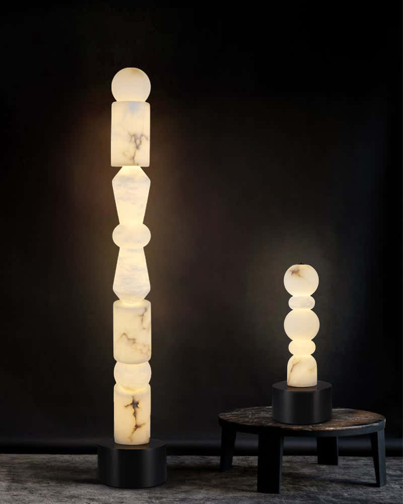 Black Marble Base & White Alabaster 5-Tier Table Lamp 8“ Height