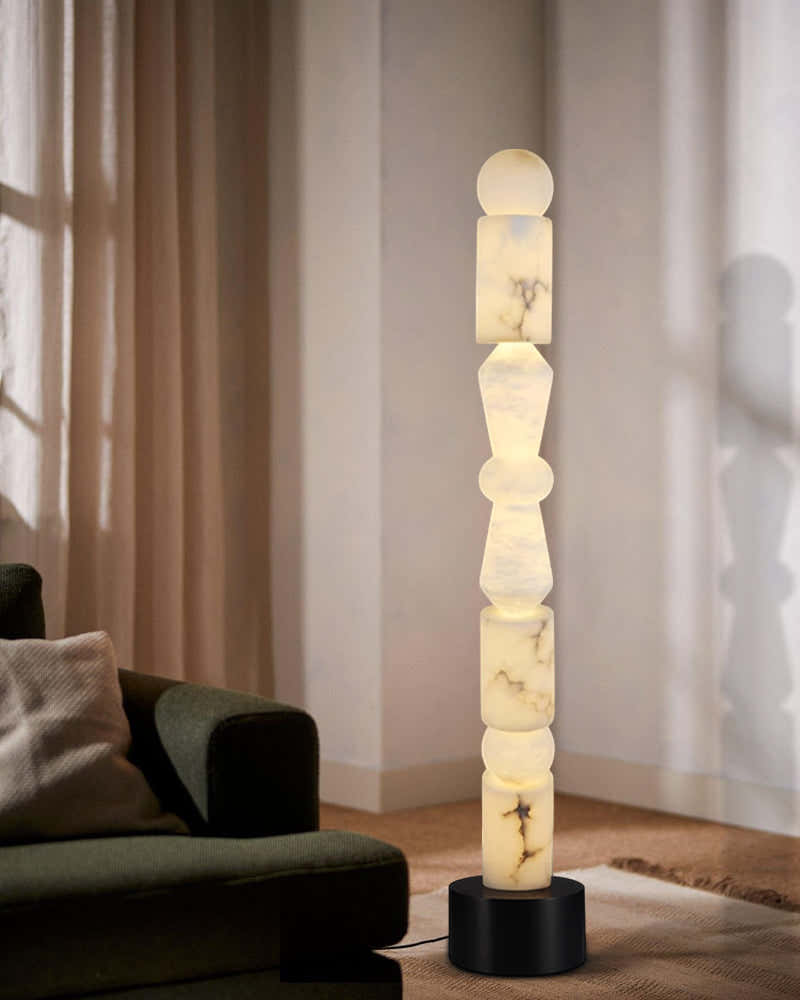 Black Marble Base & White Alabaster 5-Tier Table Lamp 8“ Height