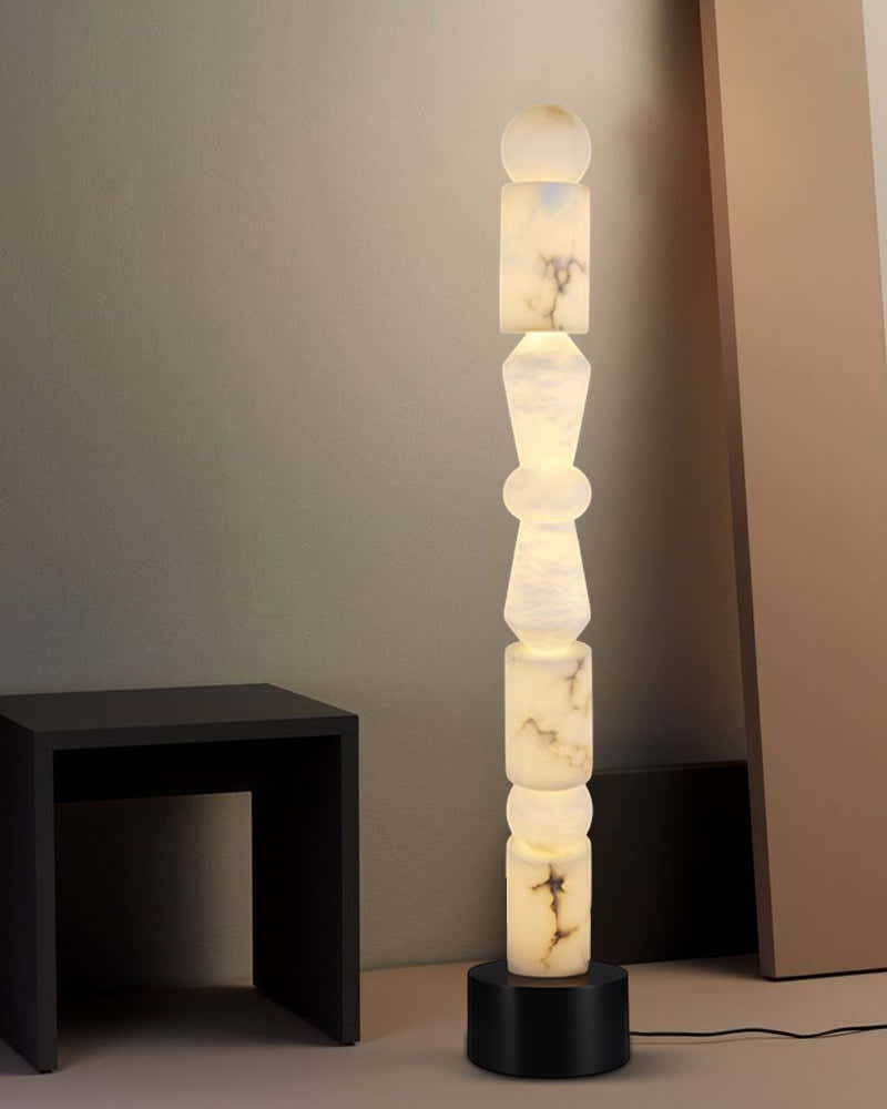 Black Marble Base & White Alabaster 5-Tier Table Lamp 8“ Height