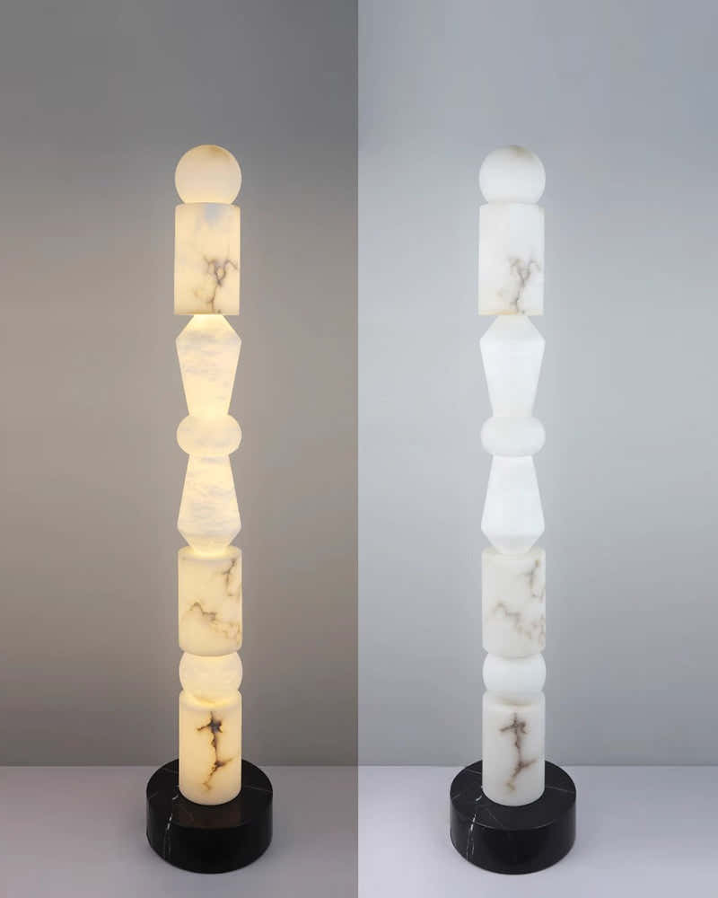 Black Marble Base & White Alabaster 5-Tier Table Lamp 8“ Height