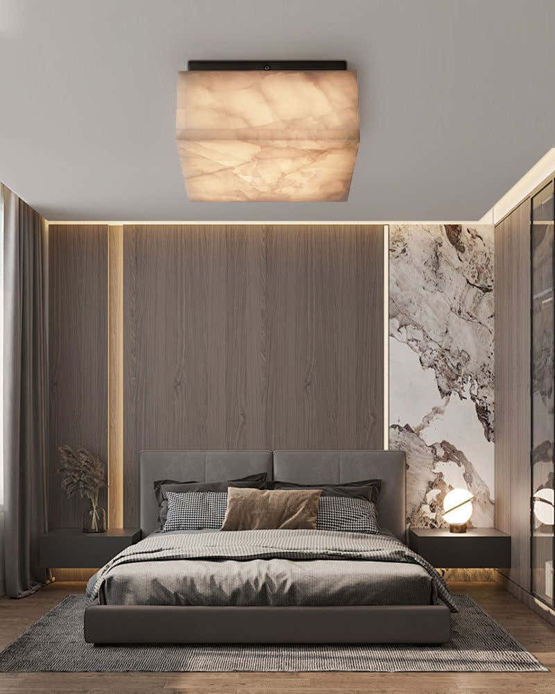 Round Alabaster flush mount ceiling light in brass frame for bedroom
