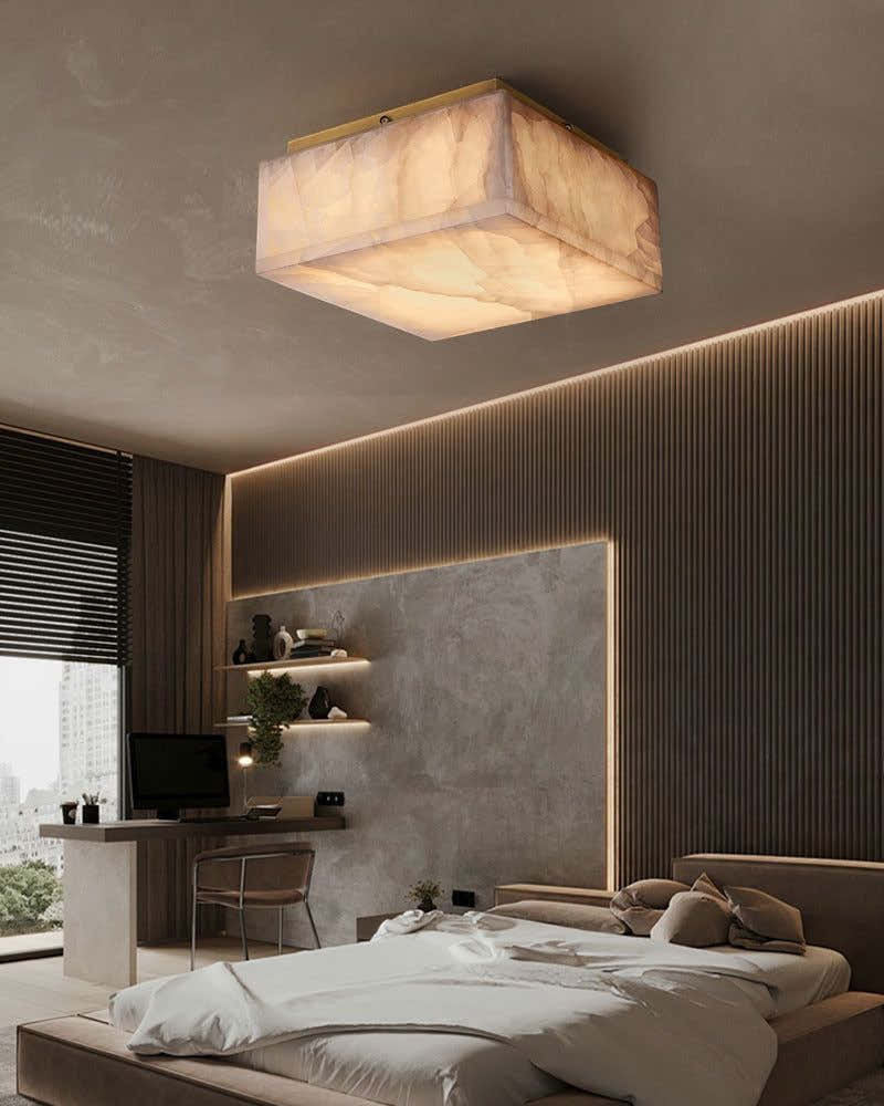 Round Alabaster flush mount ceiling light in brass frame for bedroom