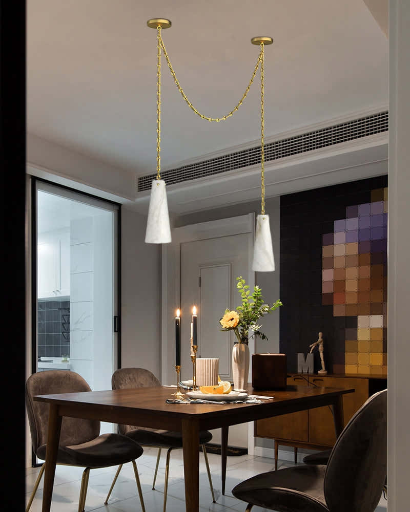 Modern Alabaster Chandelier 2 Light, Double Pendant with adjustable brass/black chain