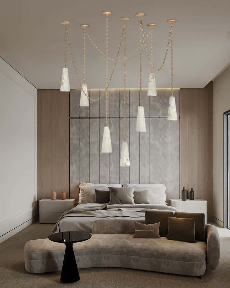 Modern Alabaster Chandelier 2 Light, Double Pendant with adjustable brass/black chain