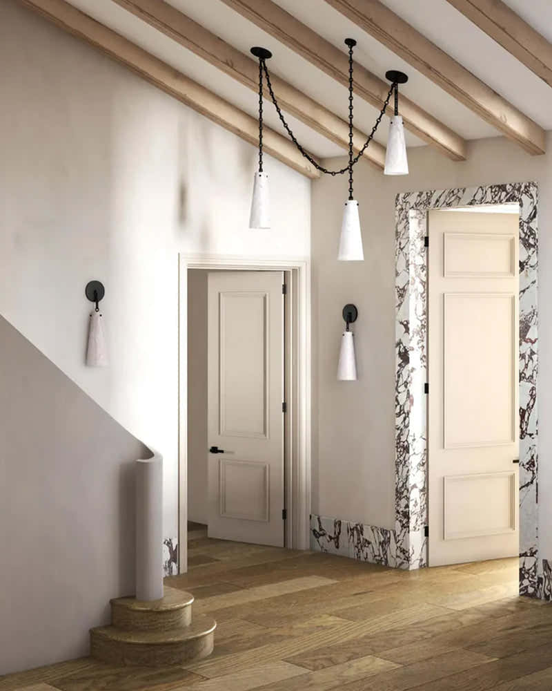 Modern Alabaster Chandelier 2 Light, Double Pendant with adjustable brass/black chain