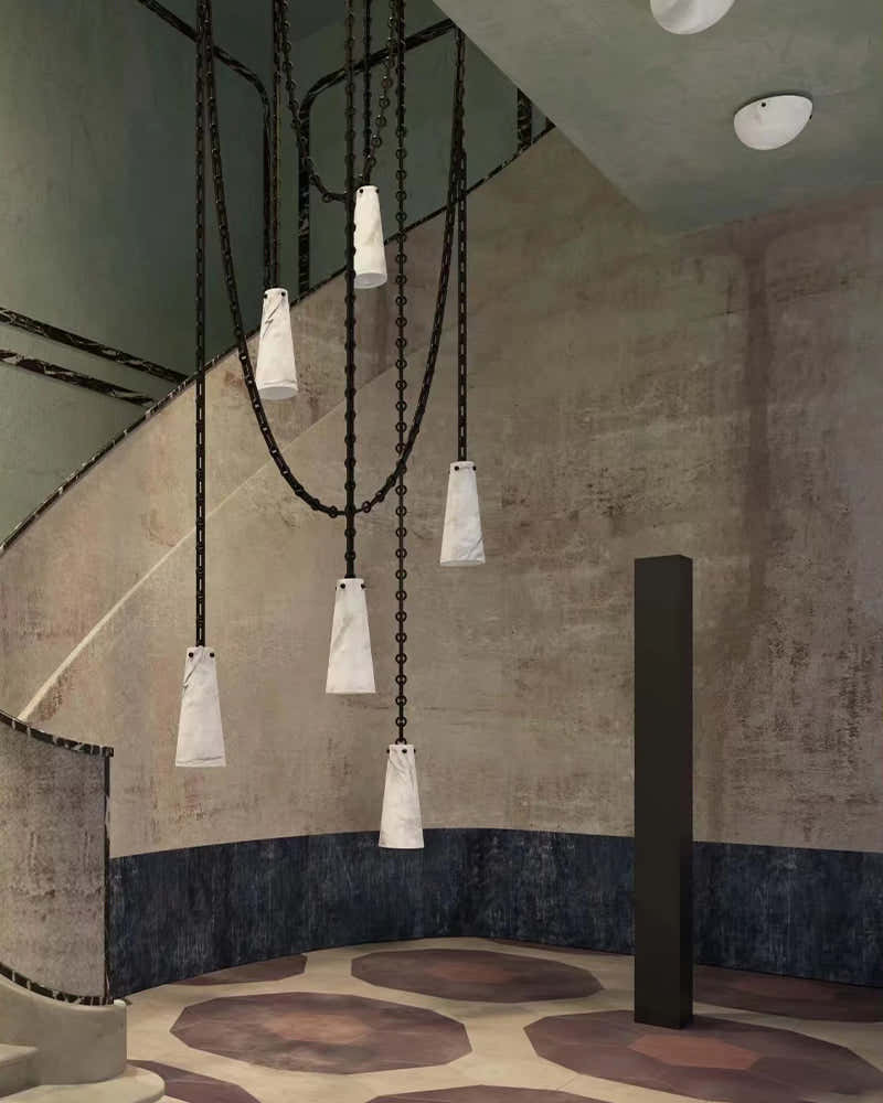 Modern Alabaster Chandelier 2 Light, Double Pendant with adjustable brass/black chain