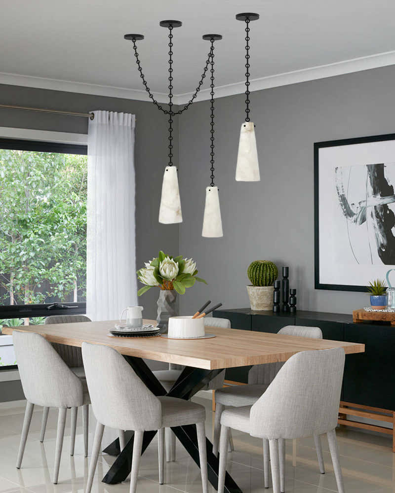 Modern Alabaster Chandelier 2 Light, Double Pendant with adjustable brass/black chain