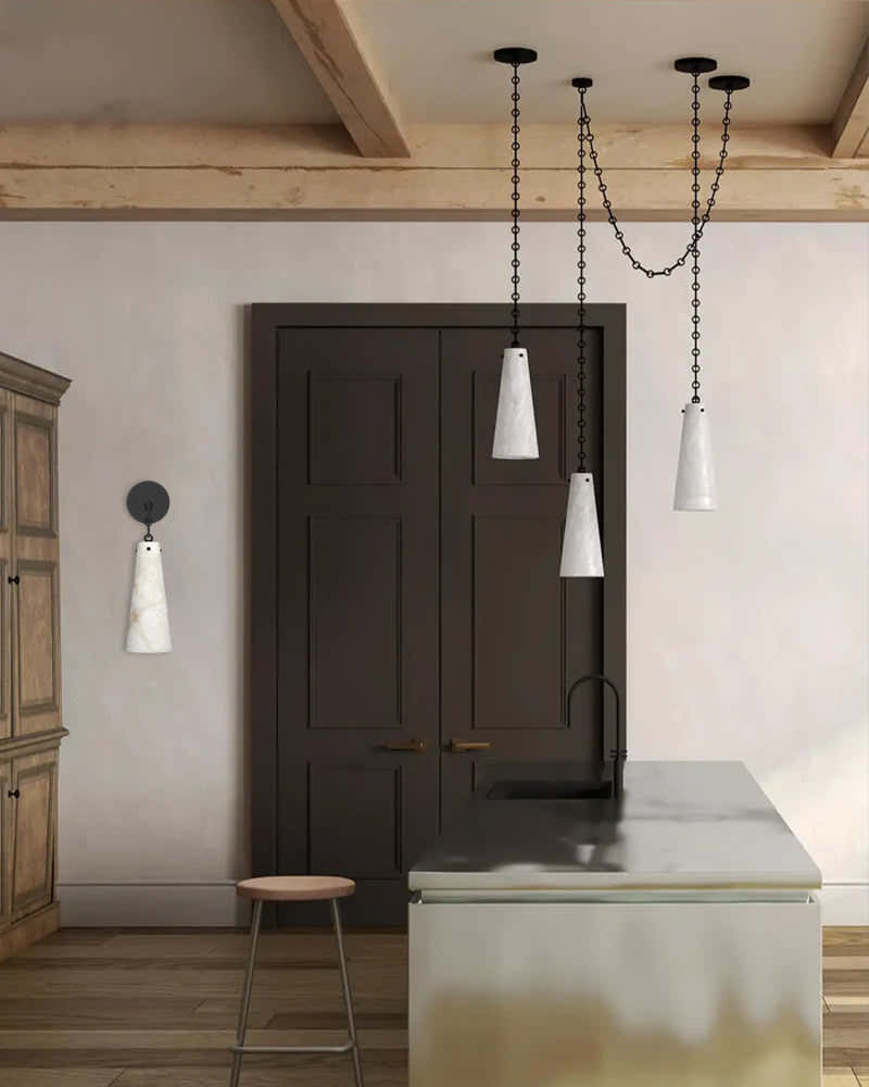 Modern Alabaster Chandelier 2 Light, Double Pendant with adjustable brass/black chain