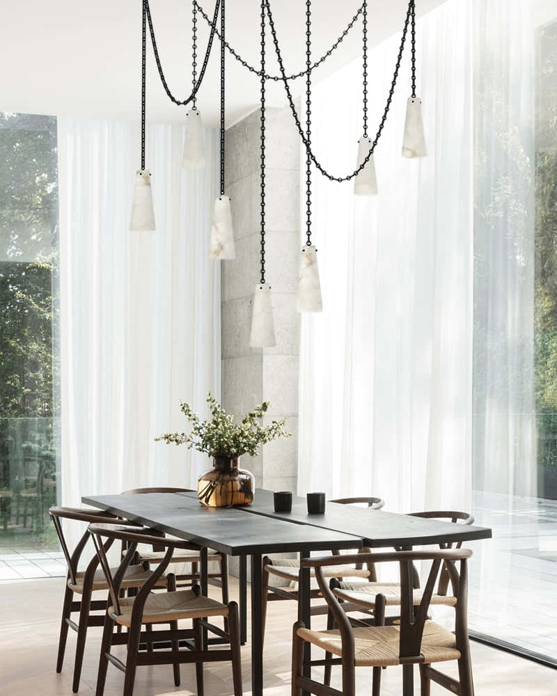 Modern Alabaster Chandelier 2 Light, Double Pendant with adjustable brass/black chain