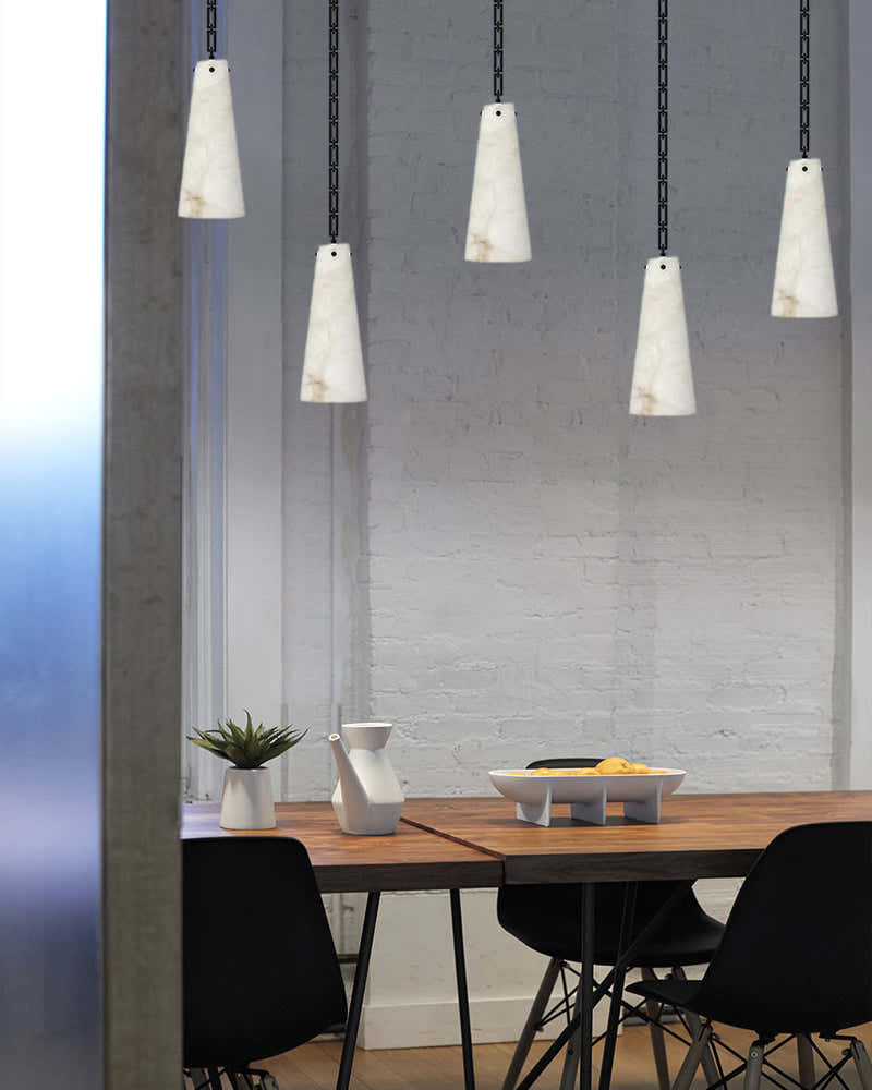 Modern Alabaster Chandelier 2 Light, Double Pendant with adjustable brass/black chain