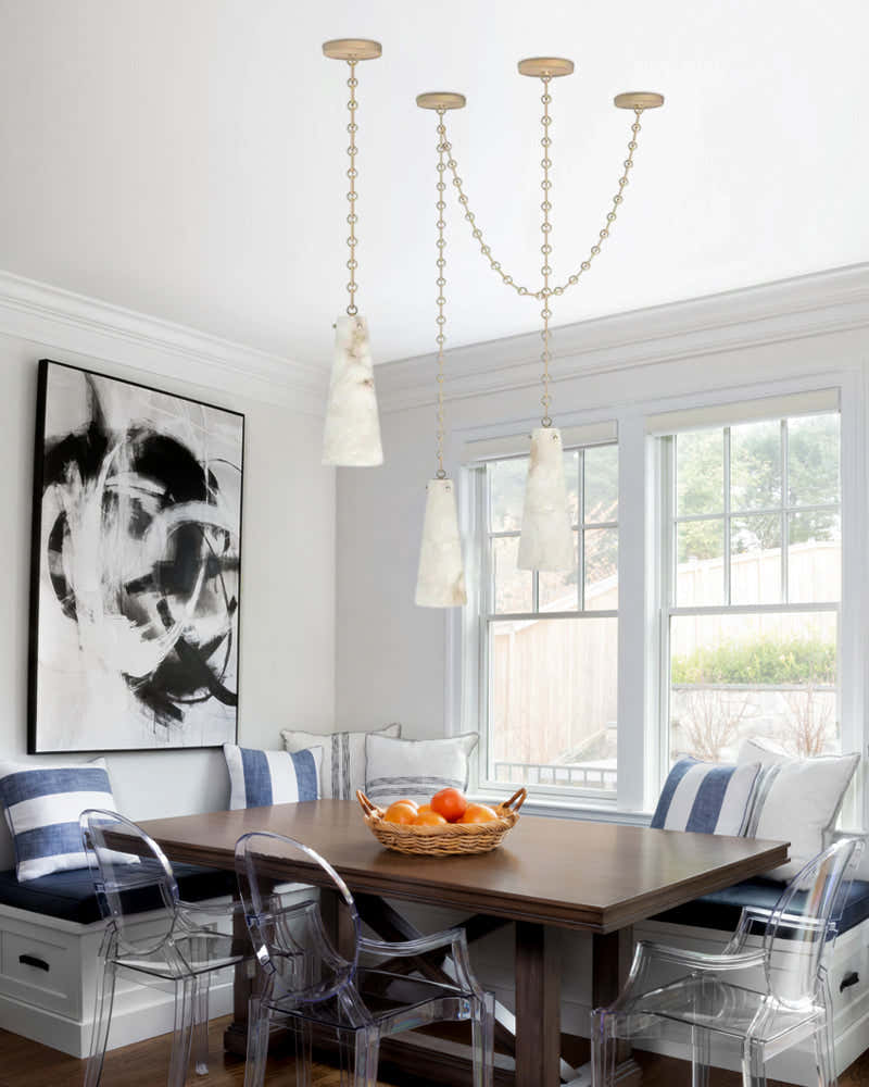 Modern Alabaster Chandelier 2 Light, Double Pendant with adjustable brass/black chain