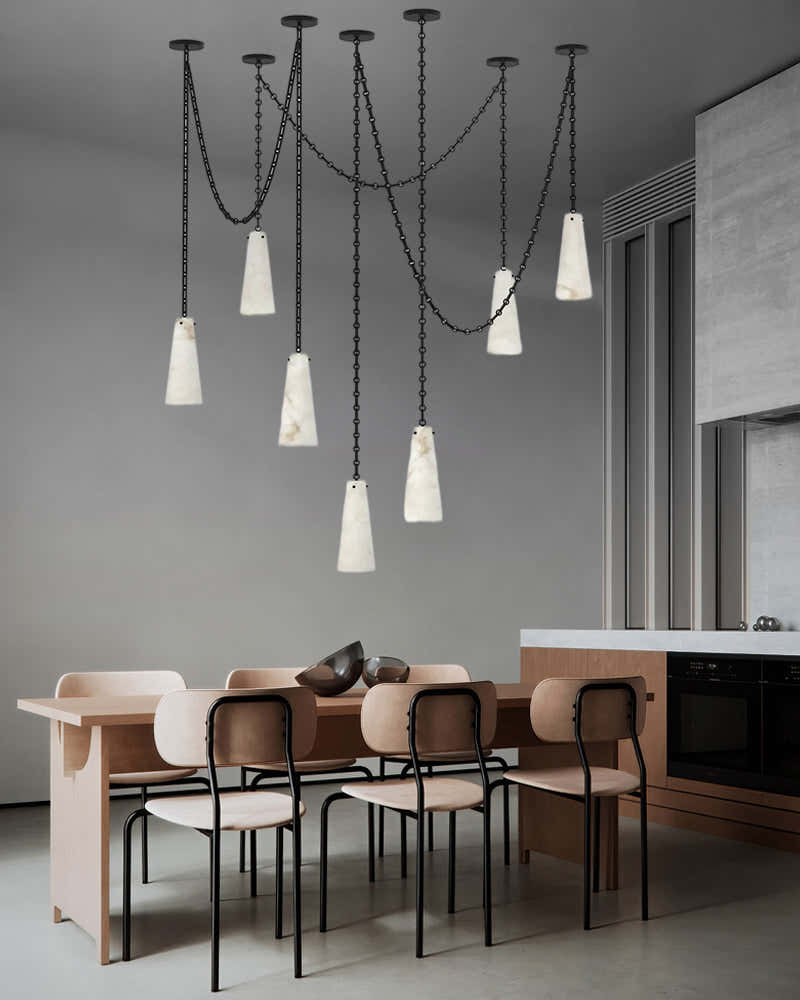 Modern Alabaster Chandelier 2 Light, Double Pendant with adjustable brass/black chain