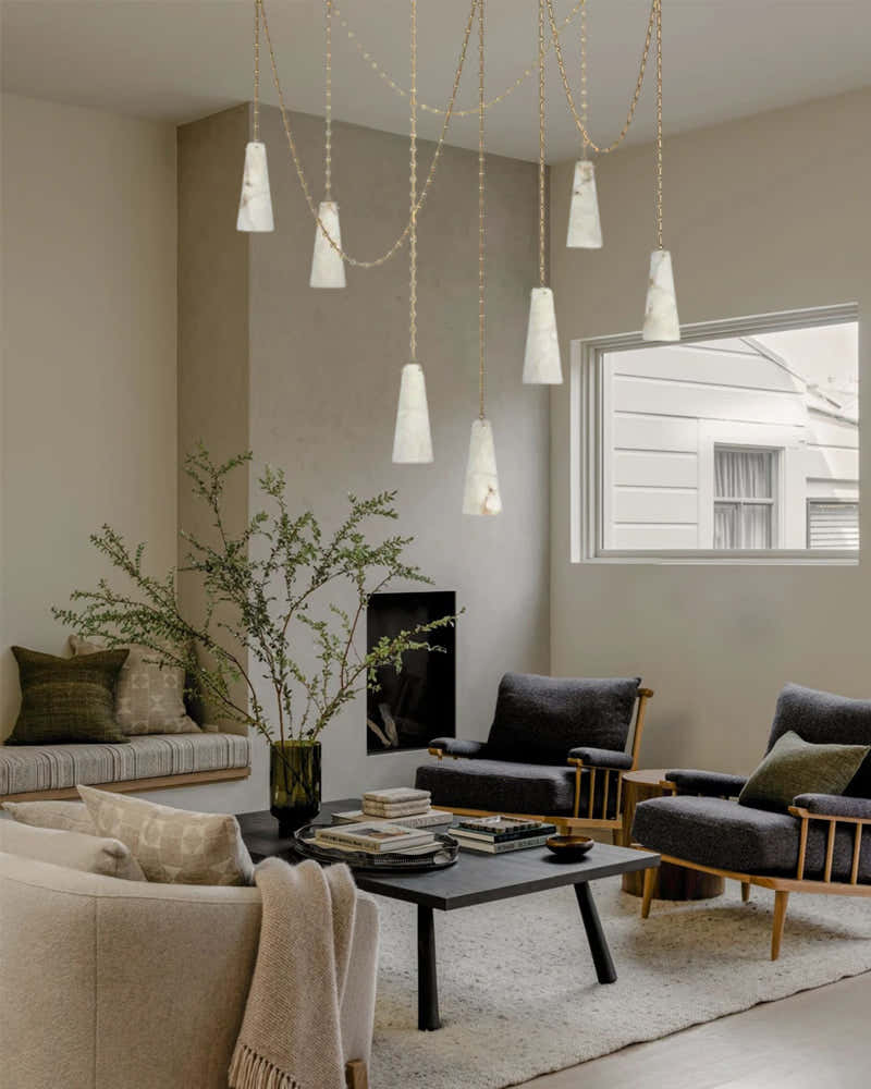 Modern Alabaster Chandelier 2 Light, Double Pendant with adjustable brass/black chain