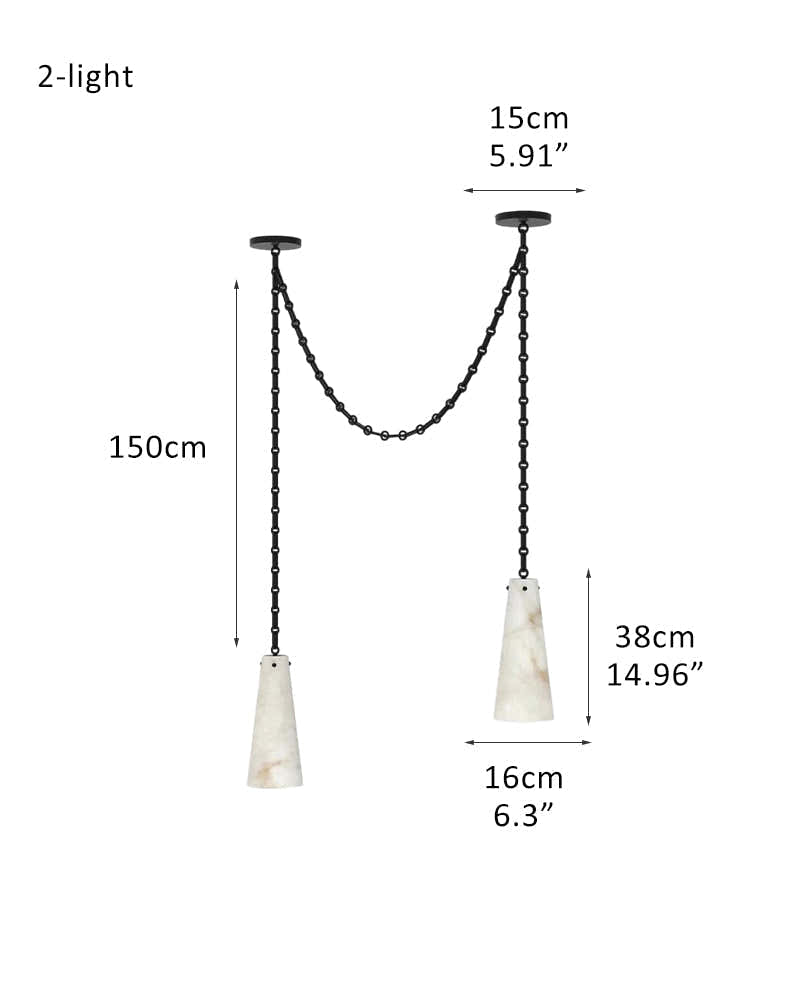 Modern Alabaster Chandelier 2 Light, Double Pendant with adjustable brass/black chain