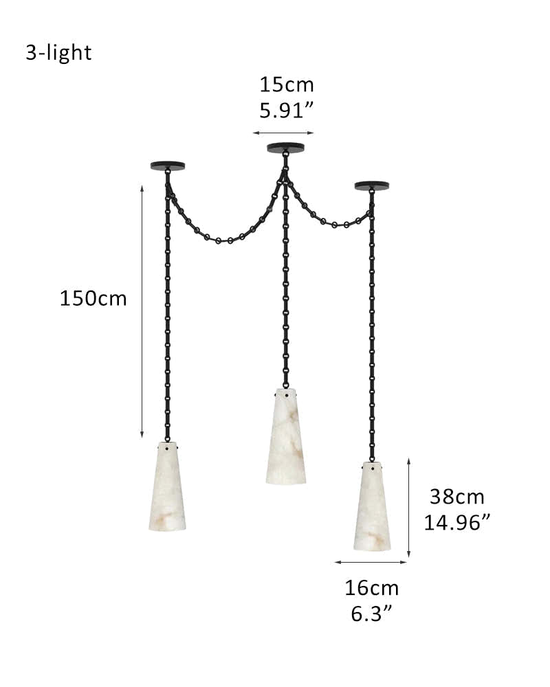 Modern Alabaster Chandelier 2 Light, Double Pendant with adjustable brass/black chain