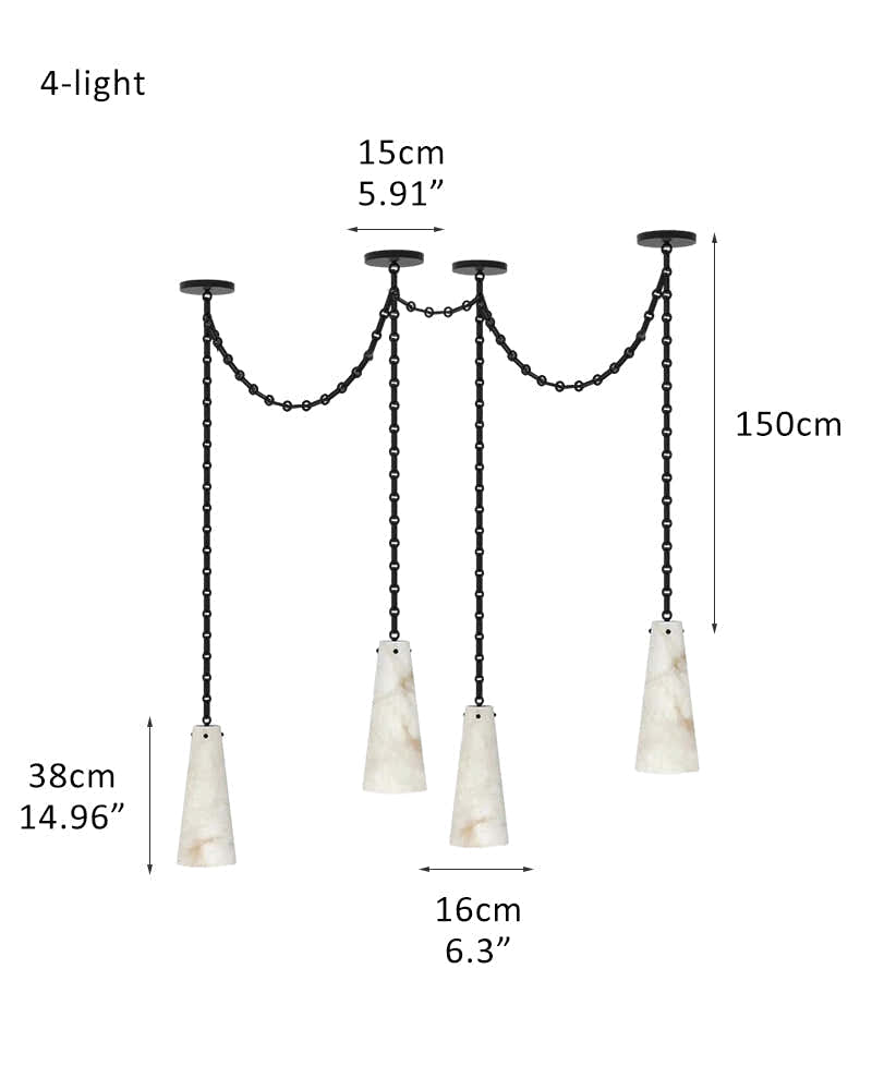 Modern Alabaster Chandelier 2 Light, Double Pendant with adjustable brass/black chain