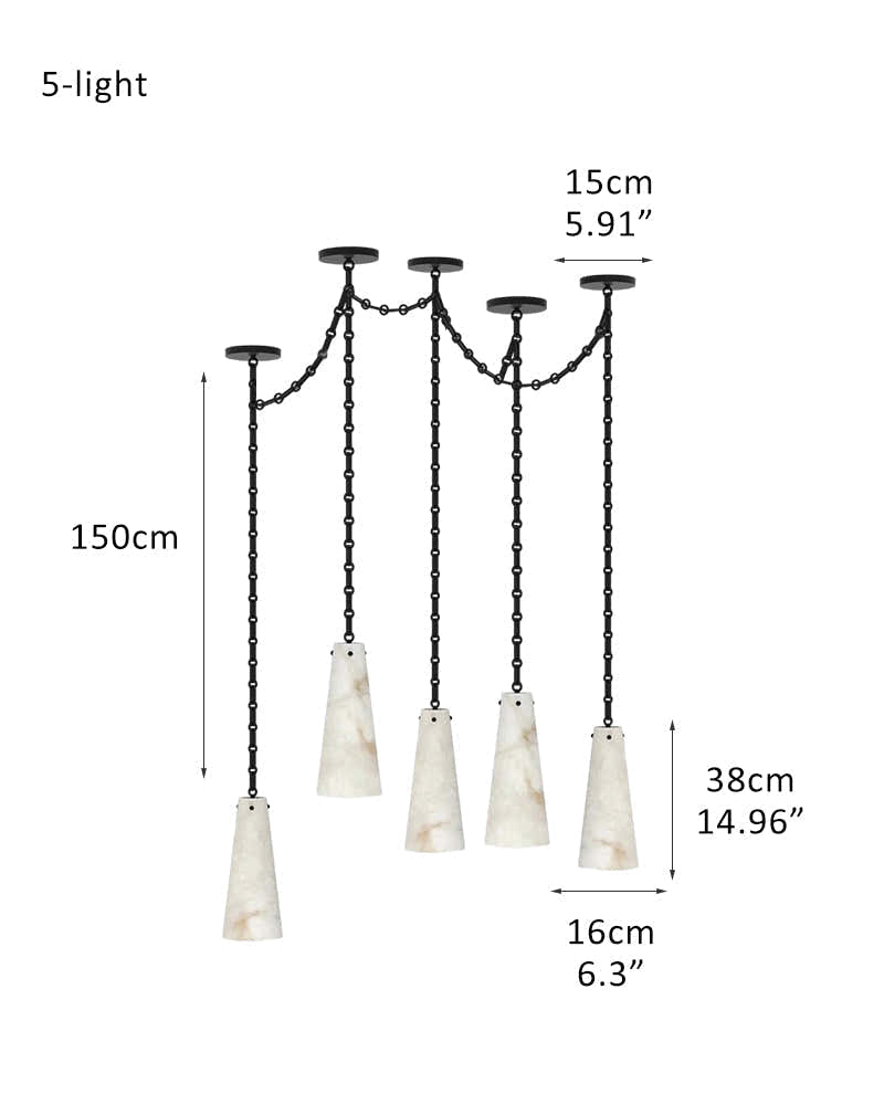 Modern Alabaster Chandelier 2 Light, Double Pendant with adjustable brass/black chain