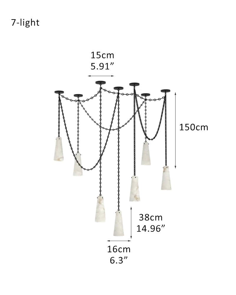 Modern Alabaster Chandelier 2 Light, Double Pendant with adjustable brass/black chain