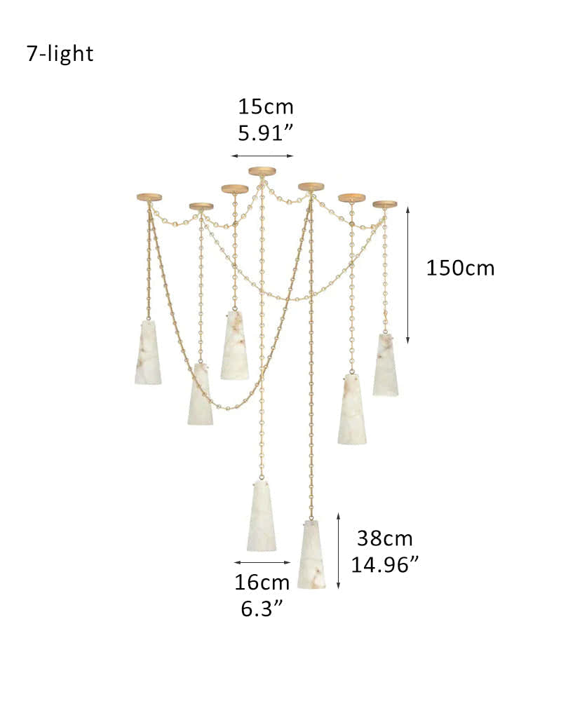 Modern Alabaster Chandelier 2 Light, Double Pendant with adjustable brass/black chain
