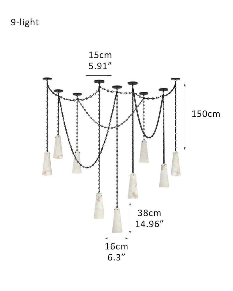 Modern Alabaster Chandelier 2 Light, Double Pendant with adjustable brass/black chain