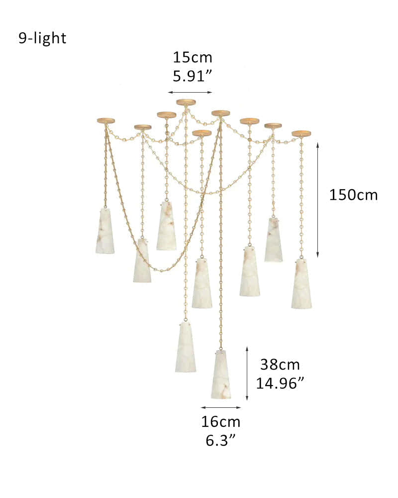 Modern Alabaster Chandelier 2 Light, Double Pendant with adjustable brass/black chain