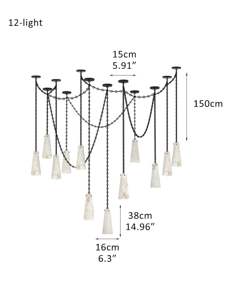 Modern Alabaster Chandelier 2 Light, Double Pendant with adjustable brass/black chain