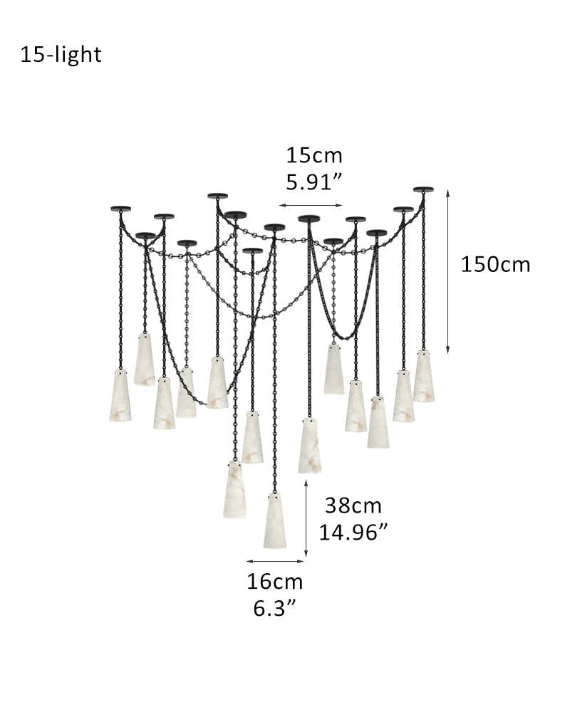 Modern Alabaster Chandelier 2 Light, Double Pendant with adjustable brass/black chain