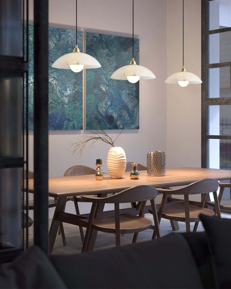 Alabaster Dome Pendant Light, Hanging Light 12'' Dia in Brass for Living Room