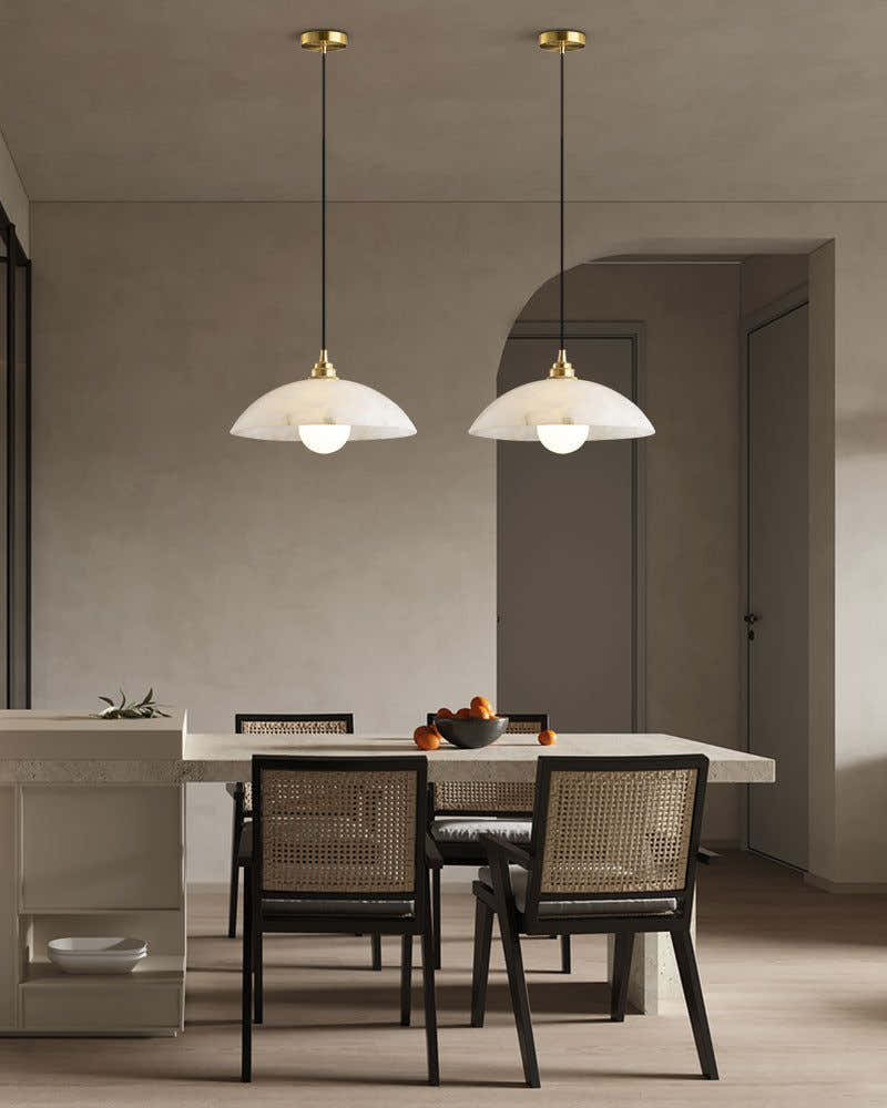 Alabaster Dome Pendant Light, Hanging Light 12'' Dia in Brass for Living Room