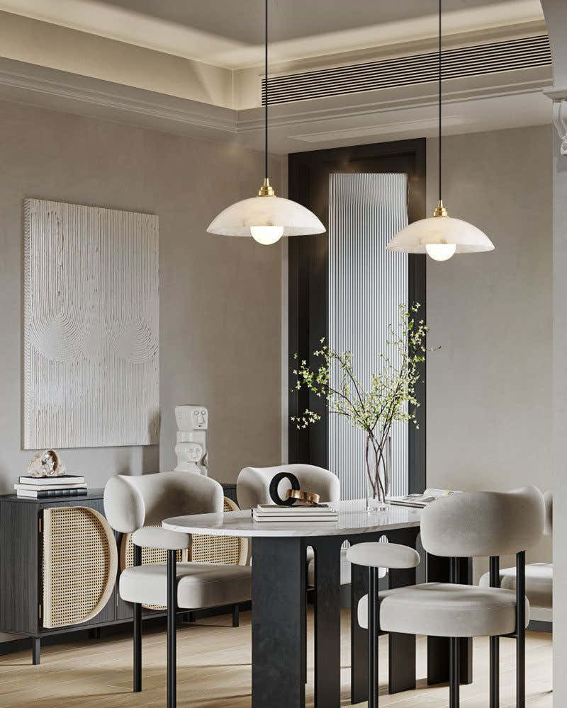 Alabaster Dome Pendant Light, Hanging Light 12'' Dia in Brass for Living Room