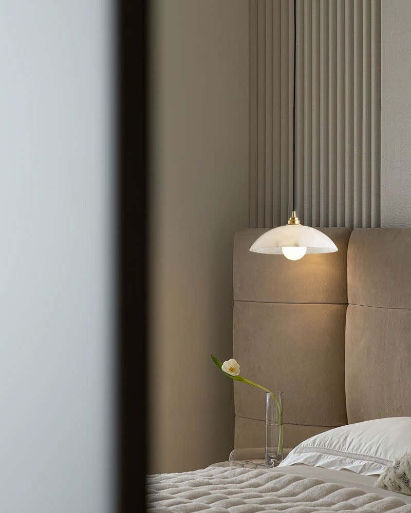 Alabaster Dome Pendant Light, Hanging Light 12'' Dia in Brass for Living Room