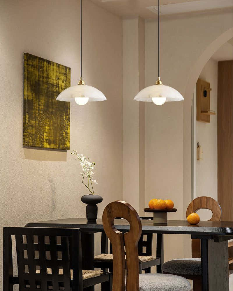Alabaster Dome Pendant Light, Hanging Light 12'' Dia in Brass for Living Room