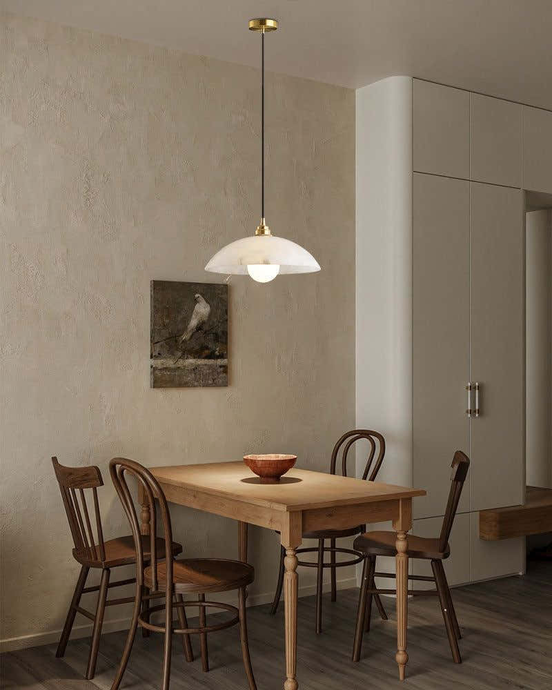 Alabaster Dome Pendant Light, Hanging Light 12'' Dia in Brass for Living Room