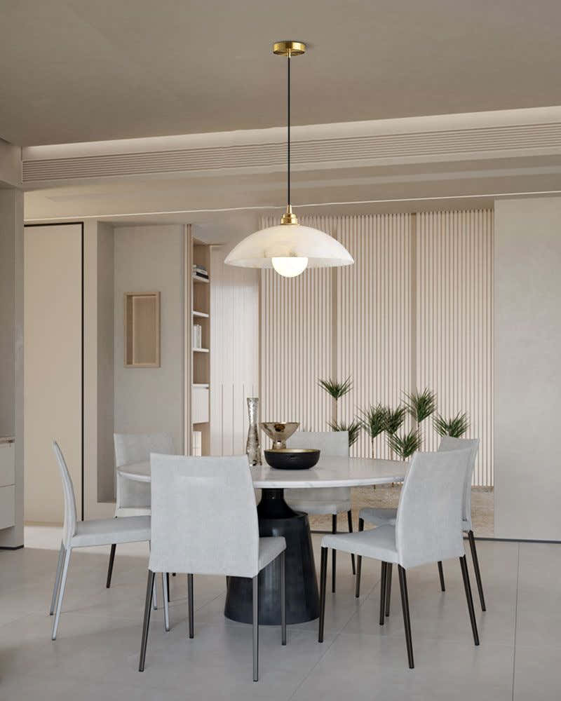 Alabaster Dome Pendant Light, Hanging Light 12'' Dia in Brass for Living Room