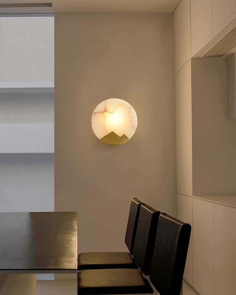Nordic Alabaster Brass Wall Sconce Light Fixture 8" with Mountain-shaped Frame