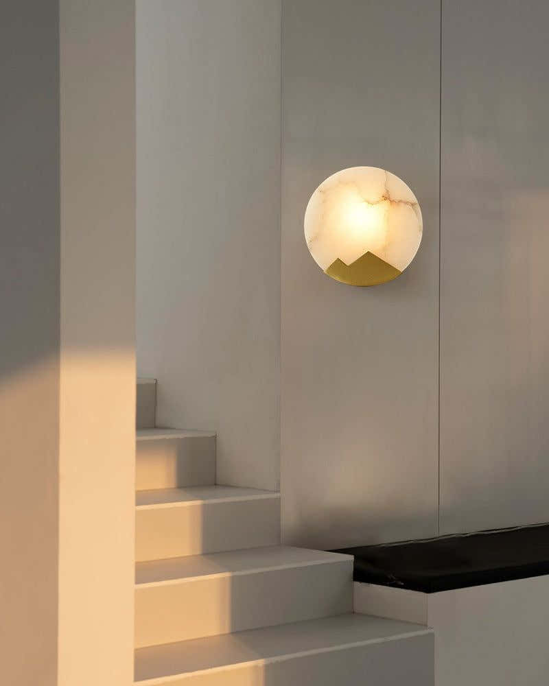 Nordic Alabaster Brass Wall Sconce Light Fixture 8" with Mountain-shaped Frame