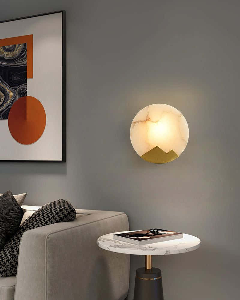 Nordic Alabaster Brass Wall Sconce Light Fixture 8" with Mountain-shaped Frame