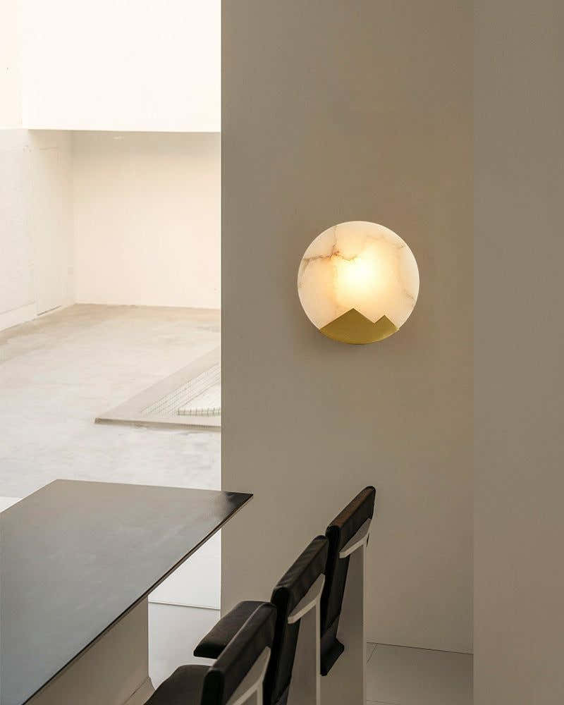 Nordic Alabaster Brass Wall Sconce Light Fixture 8" with Mountain-shaped Frame